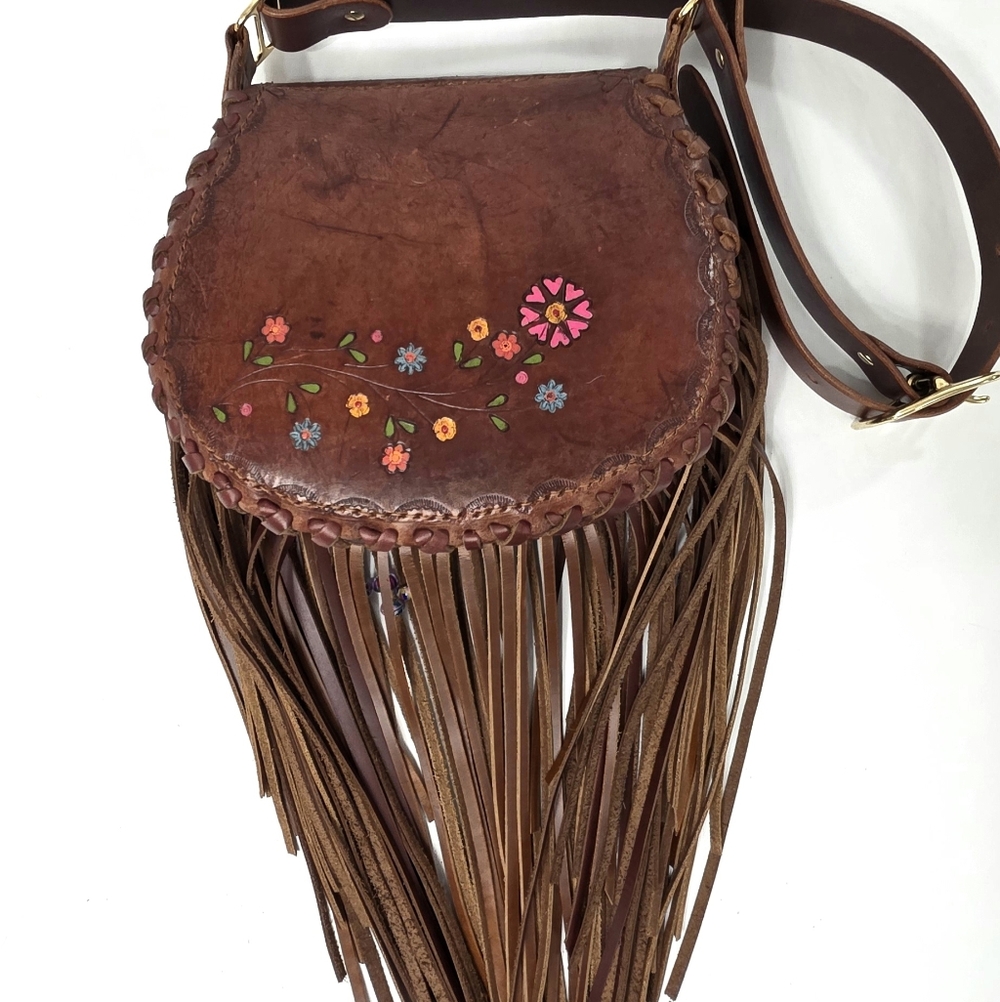 Handmade Tooled Leather Fringe Bag - Picture 10 of 13